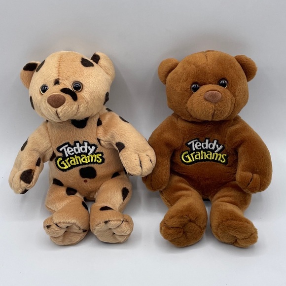 Nabisco Teddy Grahams Bear Plush Advertising Stuffed Animal Lot Of 2 Beanie 7in - Picture 1 of 9